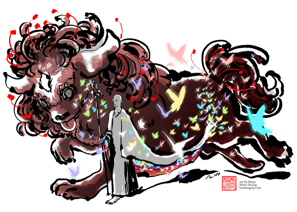 Digital ink brush-style illustration of a giant and very fluffy red lion-dog with its tongue hanging out running alongside a smiling Buddhist monk with long, flowing sleeves trailing behind him. The monk is carrying a ringed staff. Glowing butterflies emerge from under his sleeves and flutter about them