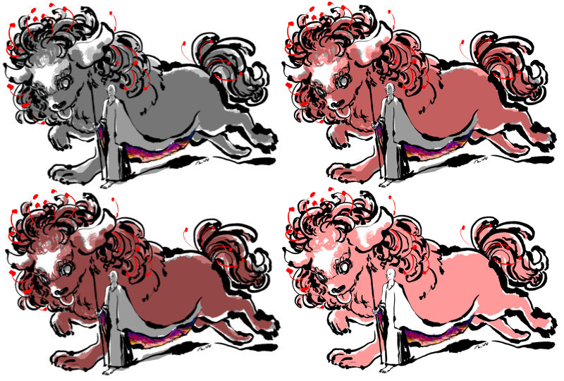 Grid of four images showing different flat colour options for the red lion-dog, ranging from black and white to different shades of red