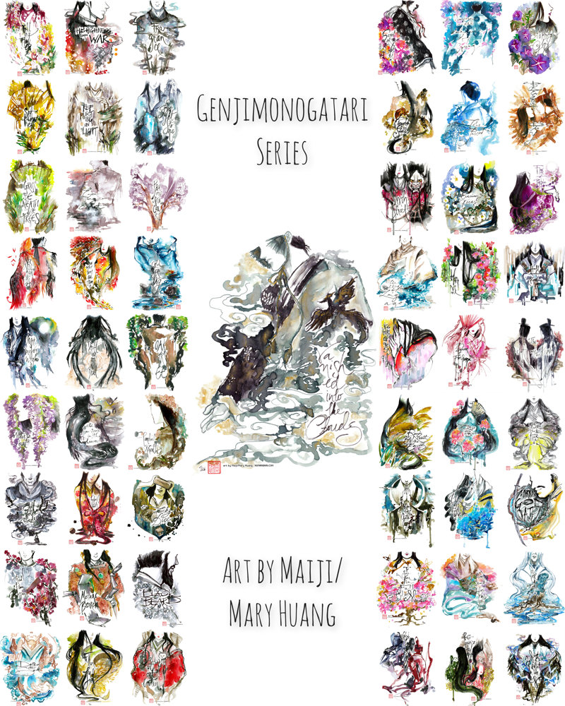 Collage showing all illustrations of the genjimonogatari series.